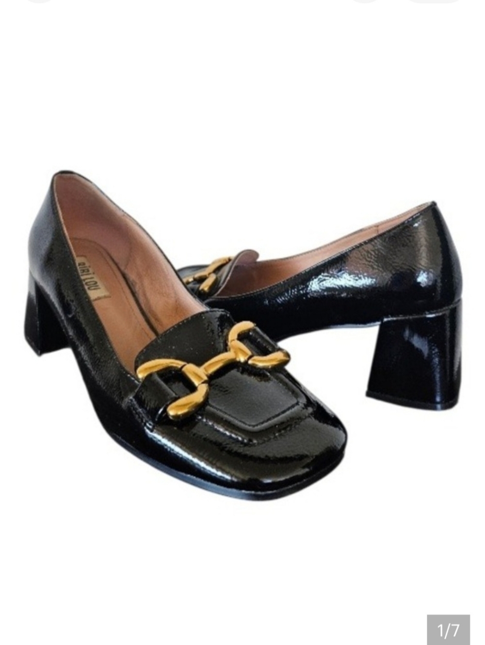 Bibi Lou Valencia Heeled‎ Chunky Loafers Anthro Black Patent Leather sz37 US 6.5